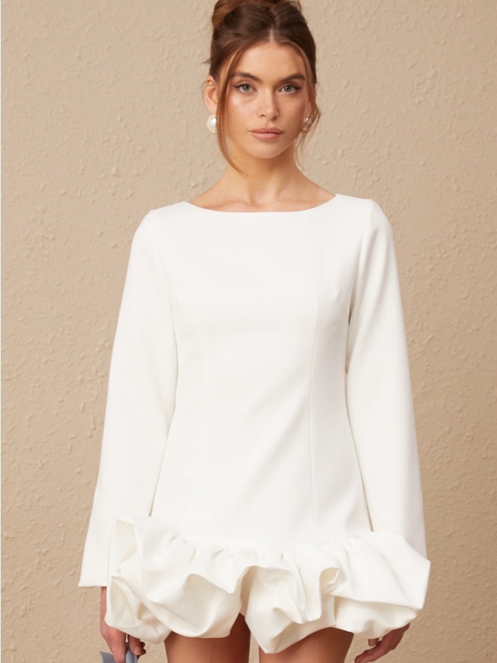 White Long-Sleeve Ruffle Hem Mini Dress